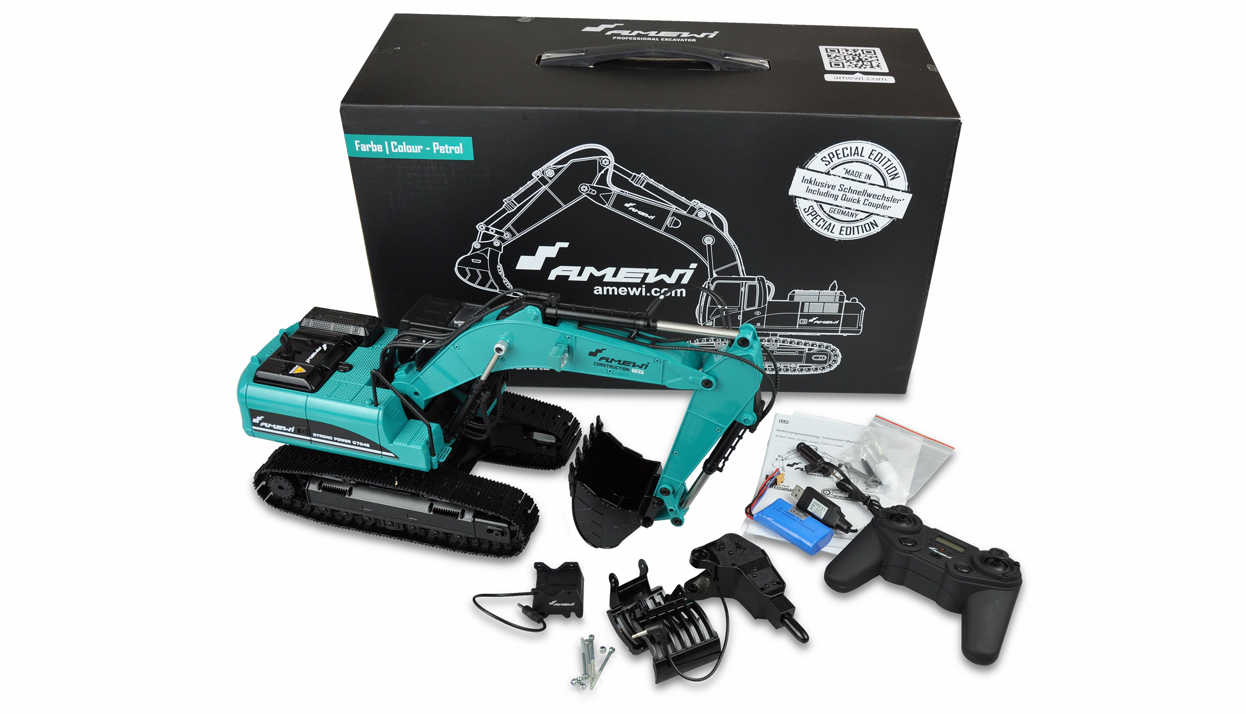 Celokovový profi pásový bagr 2,4GHz 1:14 23 kanálů, petrolejově zelená