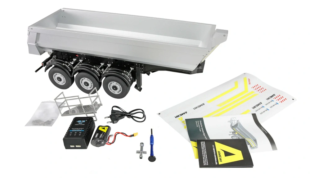 Třínápravový kovový sklápěcí přívěs, měřítko 1:14, stříbrná barva