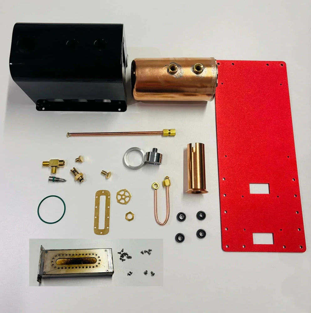 Stavebnice parního stroje a kotle pro parník, miniaturní obousměrný pístový jednoválcový parní stroj